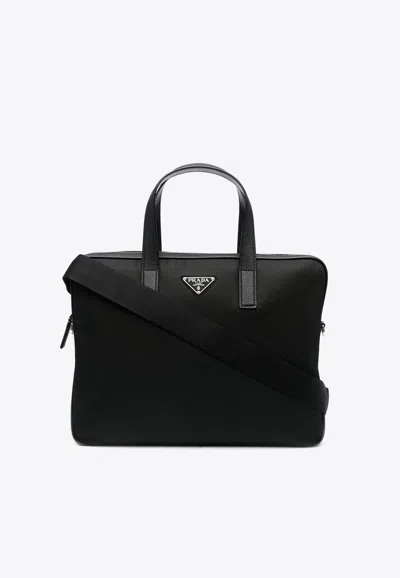 Prada Triangle Logo Leather Briefcase In Black
