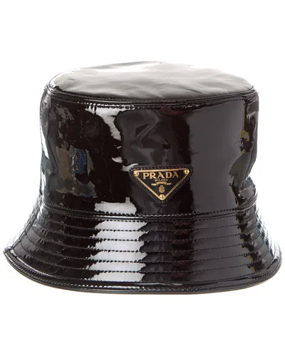 Prada Triangle Logo Leather Bucket Hat In Black