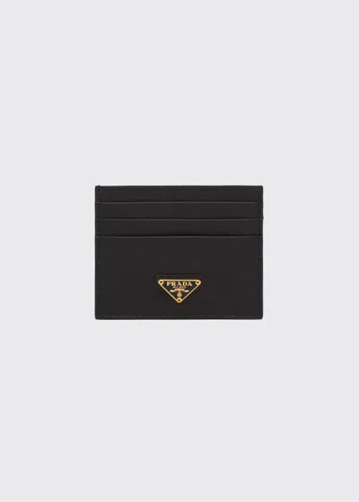 Prada Triangle Logo Leather Card Case In Black