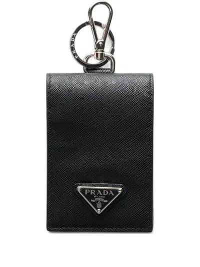 Prada Triangle-logo Leather Card Holder In Black