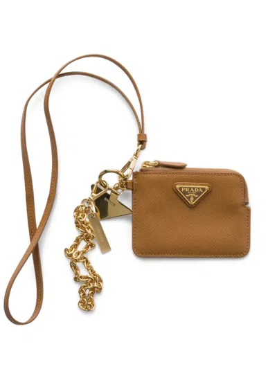 Prada Triangle-logo Leather Card Holder In Brown