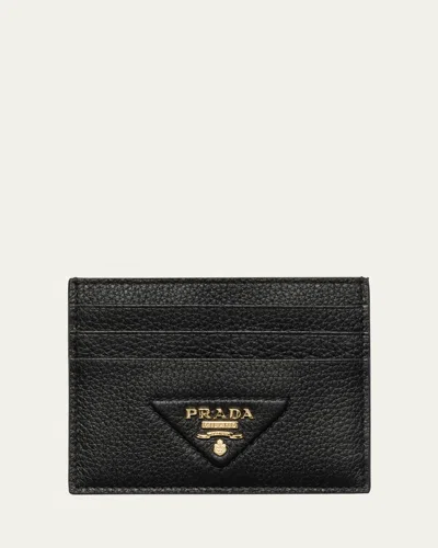 Prada Triangle Logo Leather Card Holder In Nero