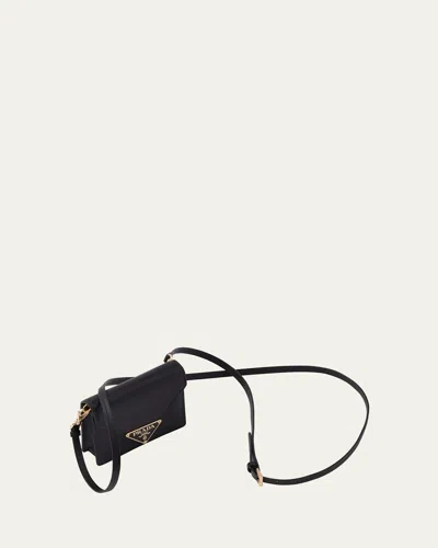 Prada Triangle Logo Leather Card Holder With Strap In F0002 Nero