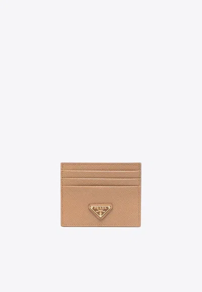 Prada Triangle Logo Leather Cardholder In Beige