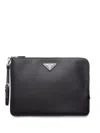 Prada Triangle Logo Leather Clutch Bag In Black