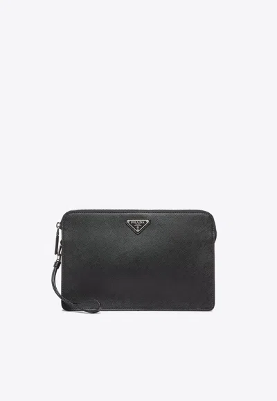Prada Triangle Logo Leather Clutch Bag In Black