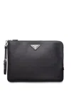 Prada Triangle Logo Leather Clutch Bag In Black