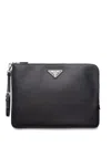 Prada Triangle Logo Leather Clutch Bag In Nero