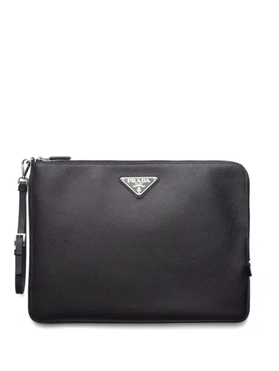 Prada Saffiano Logo Plaque Clutch Bag In Nero