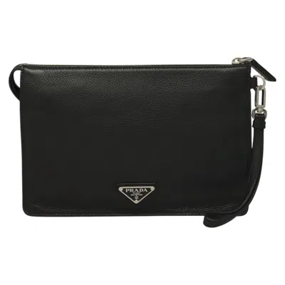 Pre-owned Prada Triangle Logo Leather Clutch Bag () In Black