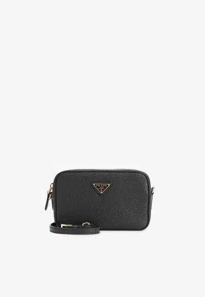 Prada Triangle Logo Leather Crossbody Bags In Black