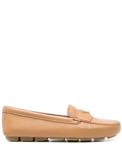 Prada Triangle-logo Leather Driving Loafers In Natural