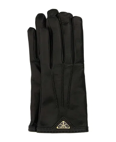 Prada Triangle Logo Leather Gloves In Metallic