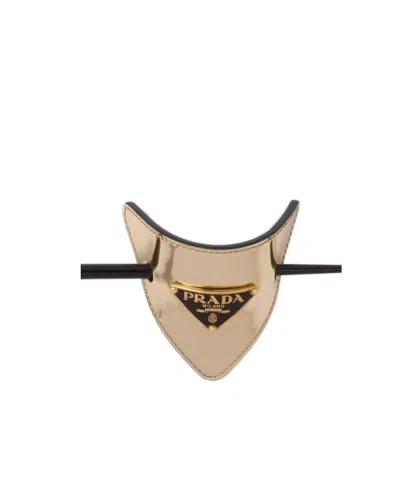 Prada Triangle-logo Leather Hair Clasp In Yellow