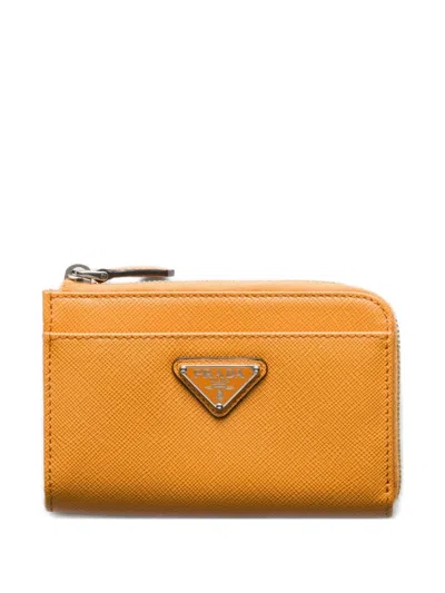 Prada Triangle Logo Leather Key Case In Orange