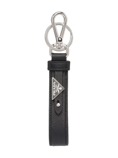 Prada Triangle-logo Leather Keychain In Black
