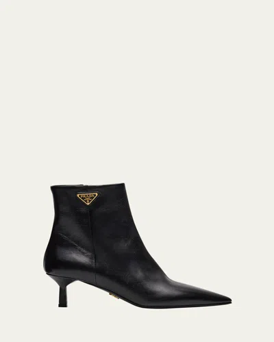 PRADA TRIANGLE LOGO LEATHER KITTEN-HEEL BOOTIES