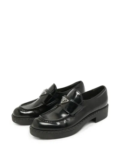 Pre-owned Prada Triangle Logo Leather Loafers In Black