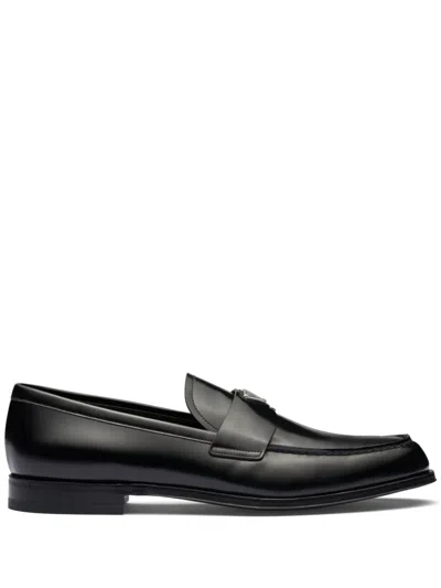 Prada Triangle Logo Chocolate Brushed Leather Loafers In Black