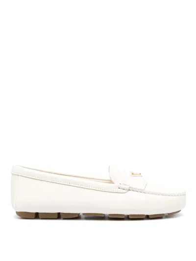 Prada Triangle Logo Grained Leather Loafers In Beige