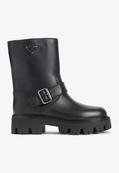 PRADA TRIANGLE-LOGO LEATHER LUG BOOTS