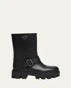Prada Triangle Logo Leather Moto Booties In Black