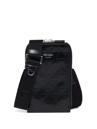 Prada Triangle-logo Leather Phone Case In Black