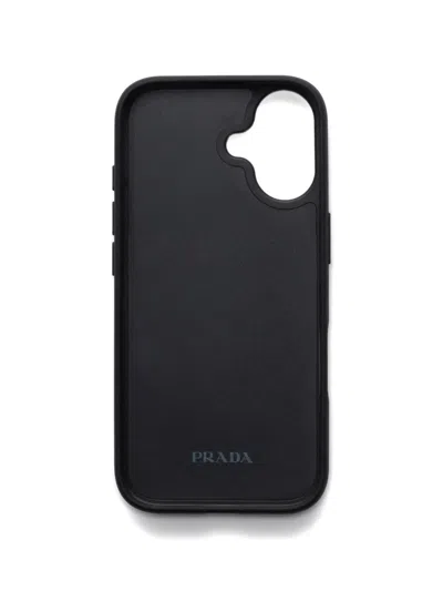Prada Triangle Logo Leather Phone Case Iphone 17 In Black
