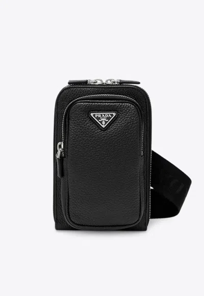 Prada Triangle Logo Leather Phone Holder In Black