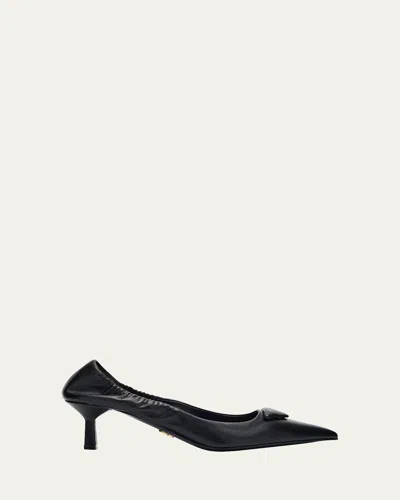 PRADA TRIANGLE LOGO LEATHER PUMPS