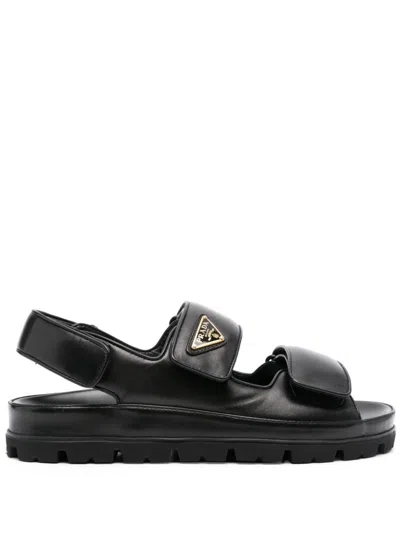 Prada Black Triangle Logo Leather Sandals