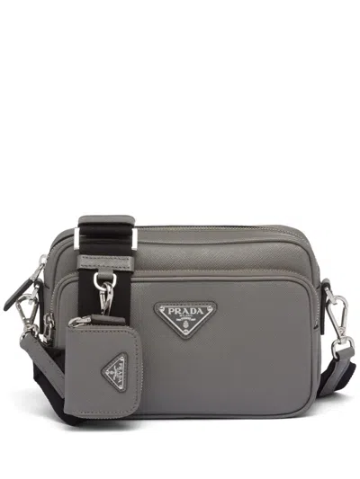 Prada Triangle-logo Leather Shoulder Bag In Gray