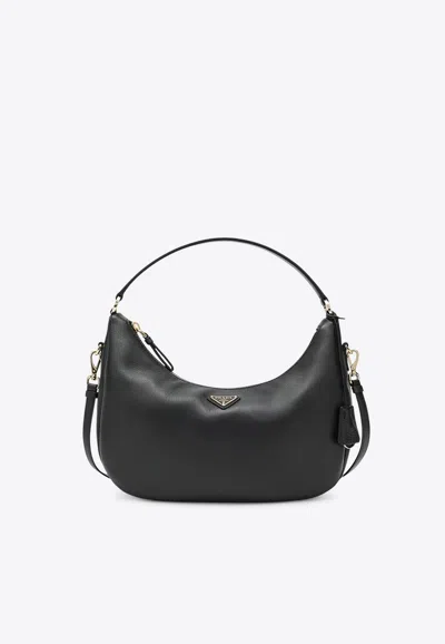 Prada Triangle Logo Leather Shoulder Bag In Black