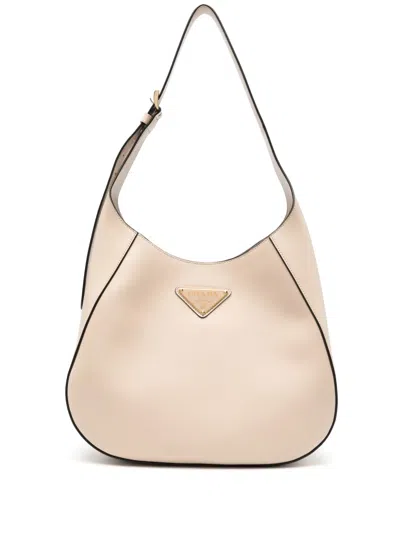 Prada Beige Triangle-logo Leather Shoulder Bag In Neutral