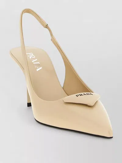 Prada Triangle Logo Leather Slingback Heel Pumps In Neutral