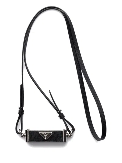Prada Triangle-logo Leather Smartphone Case In Black