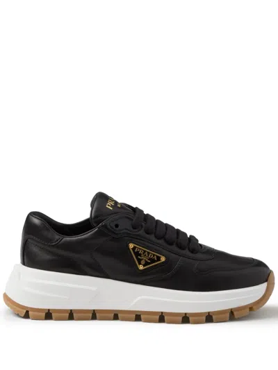 Prada Triangle-logo Leather Sneakers In Black