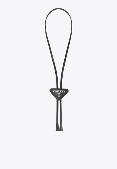 Prada Triangle Logo Leather Tie In Black