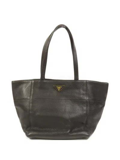 Pre-owned Prada Triangle Logo Leather Tote Bag In Black