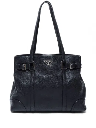 Pre-owned Prada Triangle-logo Leather Tote Bag In Black