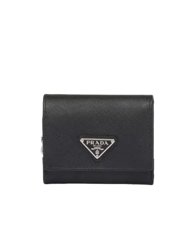 Prada Triangle Logo Leather Wallet In Black