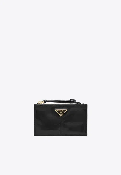 Prada Triangle Logo Leather Zip Wallet In Black