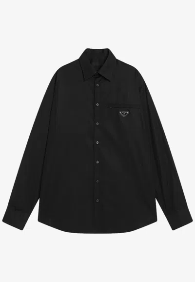 Prada Triangle Logo Long-sleeved Shirt In Black