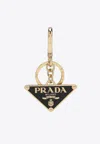 Prada Logo Triangle Metal And Leather Key-ring In Gold