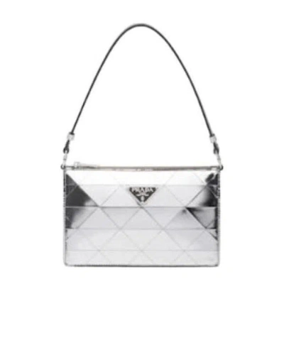 Prada Triangle Logo Metallic-finish Mini Bag In White