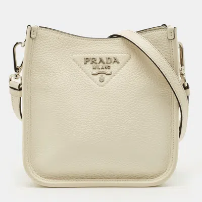 Pre-owned Prada Triangle Logo Mini White Leather Shoulder Bag