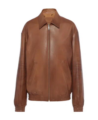 Prada Triangle-logo Nappa Leather Jacket In Caramel