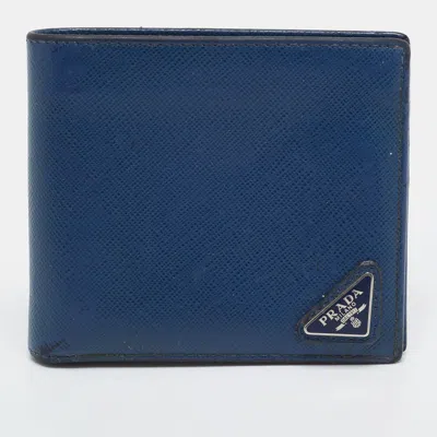 Pre-owned Prada Triangle Logo Navy Blue Leather Bifold Wallet