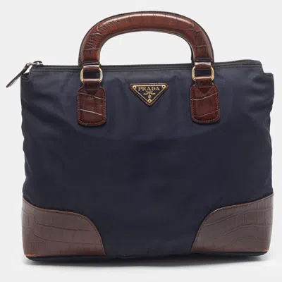Pre-owned Prada Triangle Logo Navy Blue/brown Nylon And Crocodile Tote