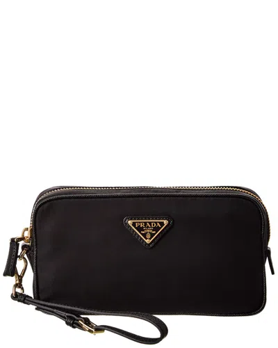 Prada Triangle Logo Nylon & Leather Pouch In Black